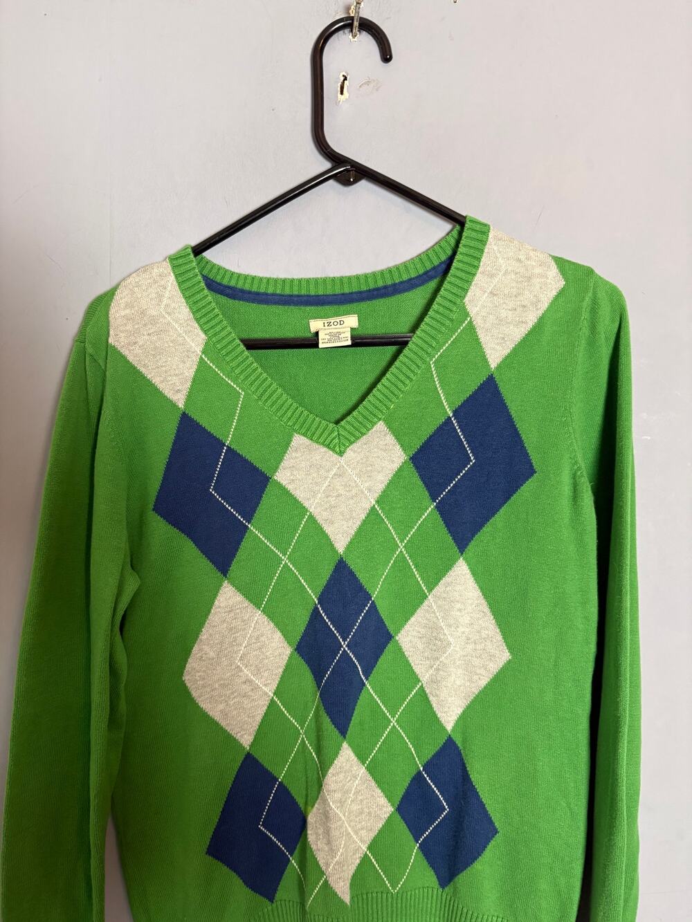 IZOD Womens Green Argyle V Neck Cotton Sweater Size M